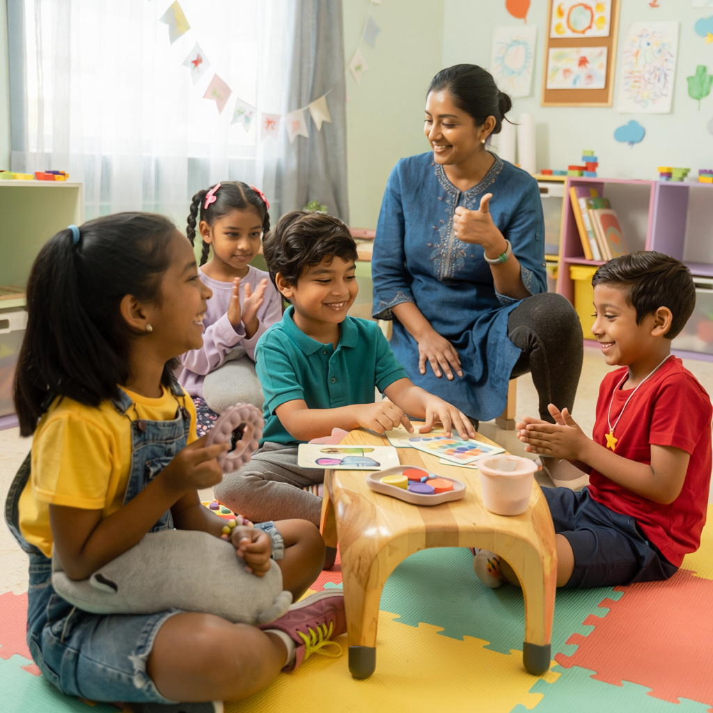 Happy Indian children playing with toys in a bright classroom