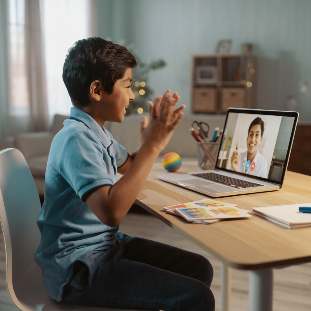 Young boy engaging in an online therapy session